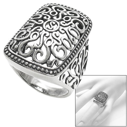 A intricately sculpted rectangular shaped domed scroll filigree ring. Wholesale Sterling Silver Rings. Main photo.