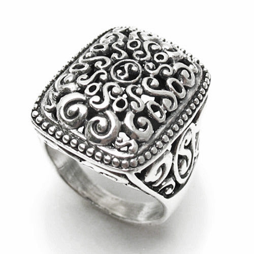 Intricate Square Scroll Ring with Beaded Border. Wholesale Sterling Silver Rings. Main photo.