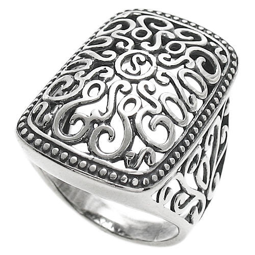 A intricately sculpted rectangular shaped domed scroll filigree ring. Wholesale Sterling Silver Rings. Diagonal Photo.