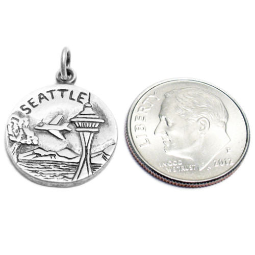"Seattle" WA 2-Sided Charm with Euro Bead. Sterling Silver