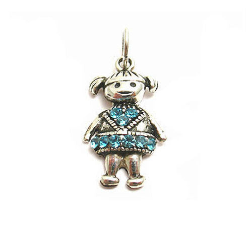 Colorful birthstone charms of a little girl in pigtails. Wholesale Sterling Silver Charms. December.