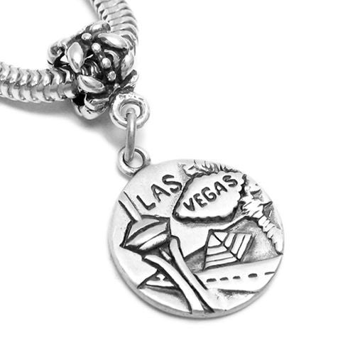 "Las Vegas" NV 2-Sided Charm with Euro Bead. Sterling Silver