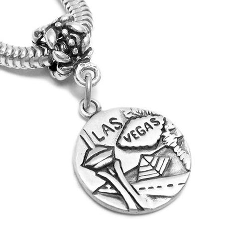 "Las Vegas" NV 2-Sided Charm with Euro Bead. Sterling Silver