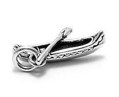 Native American Canoe with Oar Charm in 3D. Sterling Silver