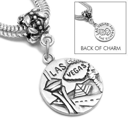 "Las Vegas" NV 2-Sided Charm with Euro Bead. Sterling Silver