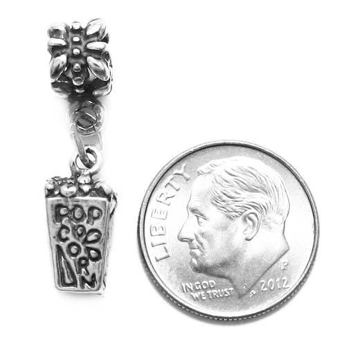 Movie Theater Popcorn Charm in 3D with Euro Bead. Sterling Silver