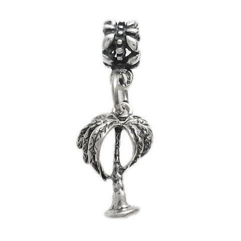 Palm Tree Charm in 3D with Euro Bead. Sterling Silver