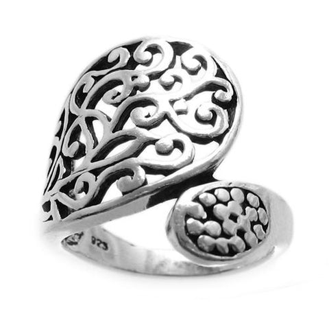 A beautiful filigreed wrap ring in the classic spoon ring shape. Wholesale Sterling Silver Rings. Main photo.