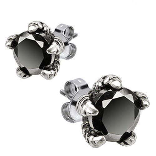 Eagle's Claw Grabbing Black CZ Stud Earrings. Stainless Steel