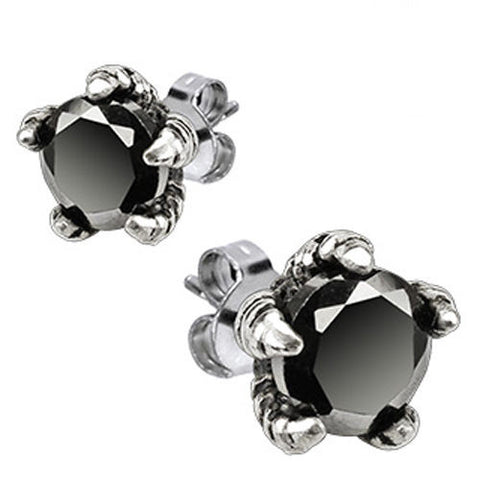 Eagle's Claw Grabbing Black CZ Stud Earrings. Stainless Steel