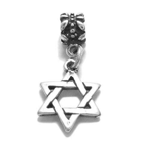 Star of David Charm with Euro Bead in Interlocking Sterling Silver