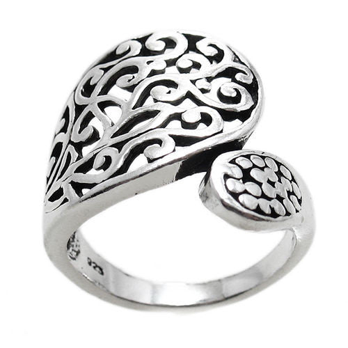 A beautiful filigreed wrap ring in the classic spoon ring shape. Wholesale Sterling Silver Rings. Alt photo.