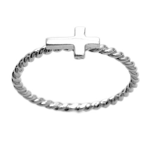 Thin Twisted Rope Band w/ Small  Floating Cross Ring. Wholesale sterling silver rings. Alternate photo.