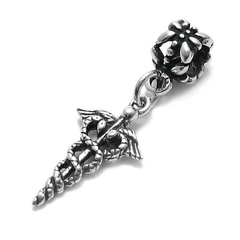 Caduceus Symbol Charm in 3D with Euro Bead. Sterling Silver