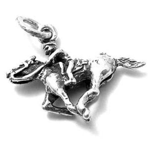 Jockey on Horse Charm in 3D. Sterling Silver