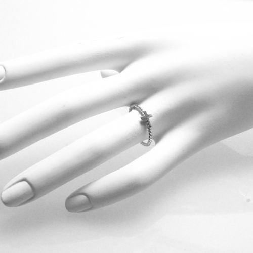 Thin Twisted Rope Band w/ Small  Floating Cross Ring. Wholesale sterling silver rings. On hand.