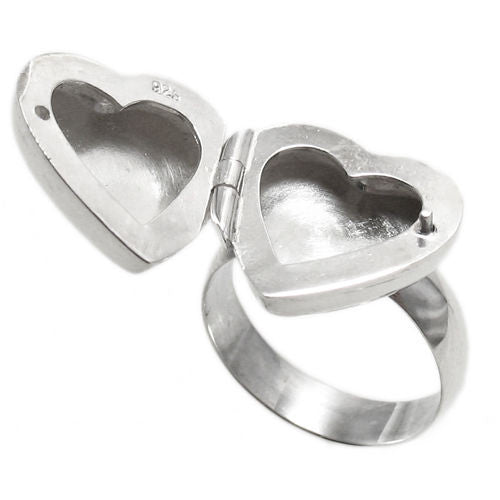 Classic heart shaped locket ring in polished sterling silver. Wholesale Sterling Silver Rings. Open photo.