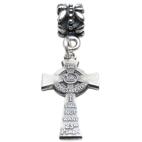 Psalm 23 "The Lord is my Shepherd" Cross with Euro Bead. Charm in Sterling Silver
