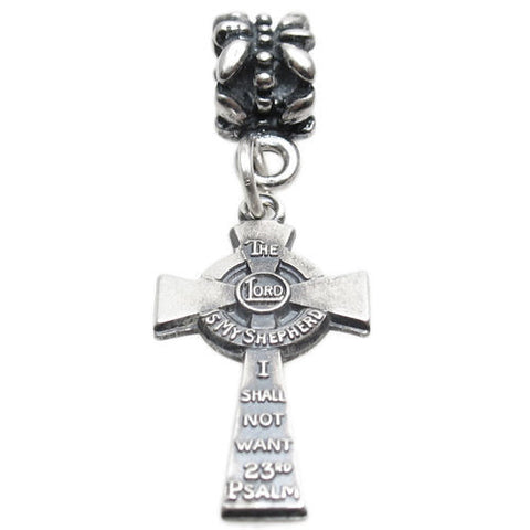 Psalm 23 "The Lord is my Shepherd" Cross with Euro Bead. Charm in Sterling Silver