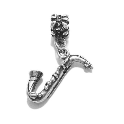 Saxophone Charm in 3D with Euro Bead. Sterling Silver