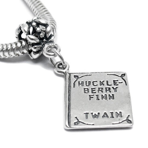 "Huckleberry Finn by Twain" Book Charm with Euro Bead. Sterling Silver