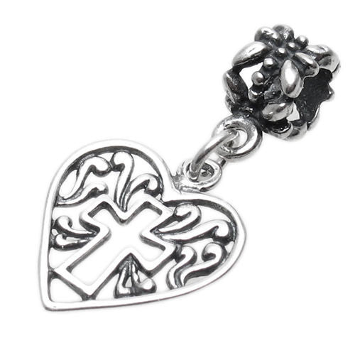 Ornate Cross in Heart w/ Euro Bead in Sterling Silver
