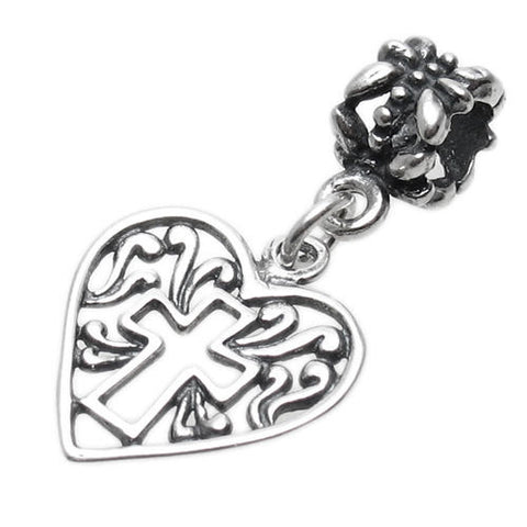 Ornate Cross in Heart w/ Euro Bead in Sterling Silver