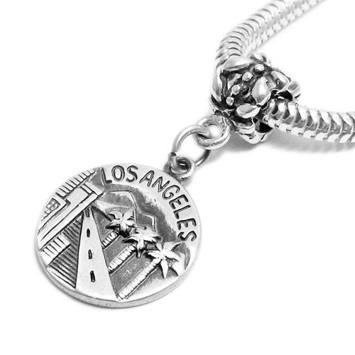 "Los Angeles" CA 2-Sided Charm with Euro Bead. Sterling Silver