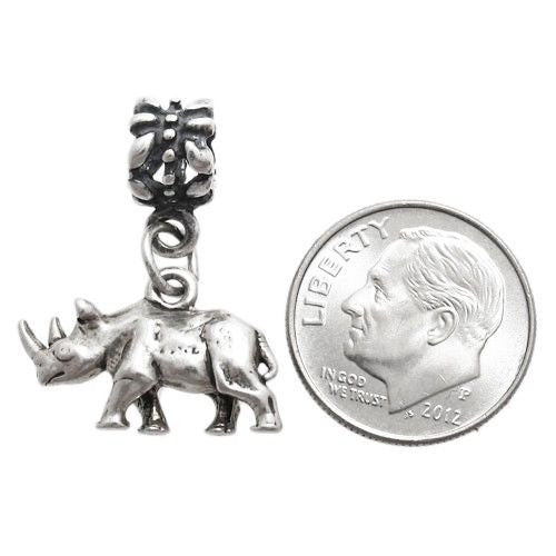 Rhinoceros Euro Bead Charm in 3D Sterling Silver.