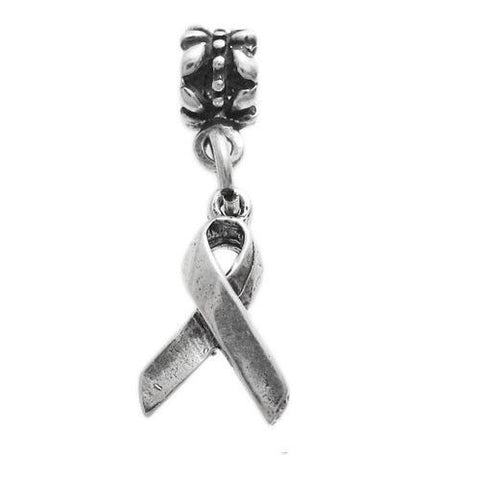 HIV/AIDS Ribbon Charm with Euro Bead. Sterling Silver