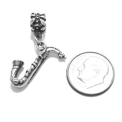 Saxophone Charm in 3D with Euro Bead. Sterling Silver