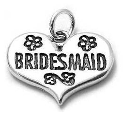 "Bridesmaid" in Heart Charm. Sterling Silver