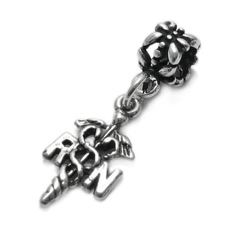 Registered Nurse (RN) Charm with Euro Bead. Sterling Silver