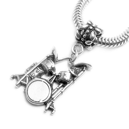 Drum Set Charm with Euro Bead. Sterling Silver