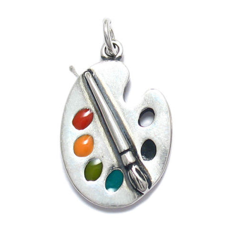 Brush and Palette Charm with Enamel Color Paints. Sterling Silver