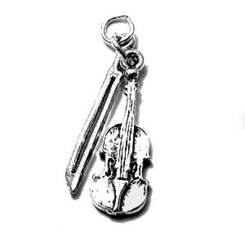 Violin with Bow Charm in 3D. Sterling Silver