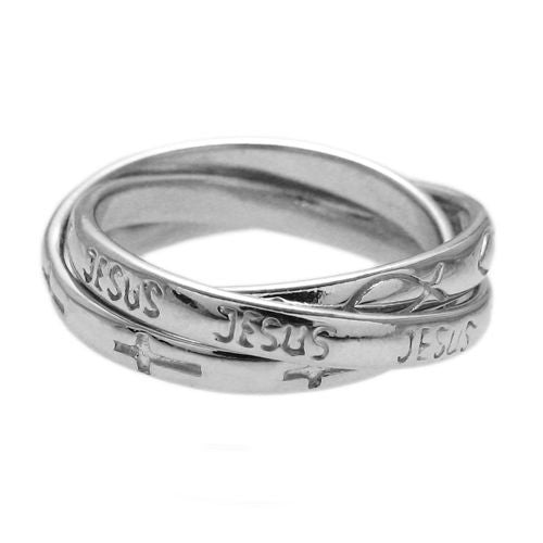 Interlocking Christian Theme Triple Ring, "Jesus," Crosses, Fish.  Wholesale sterling silver rings. Front photo.
