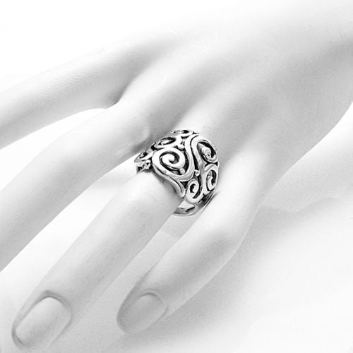 Flowing curved lines in native tribal art motif ring. Wholesale Sterling Silver Rings. On hand.