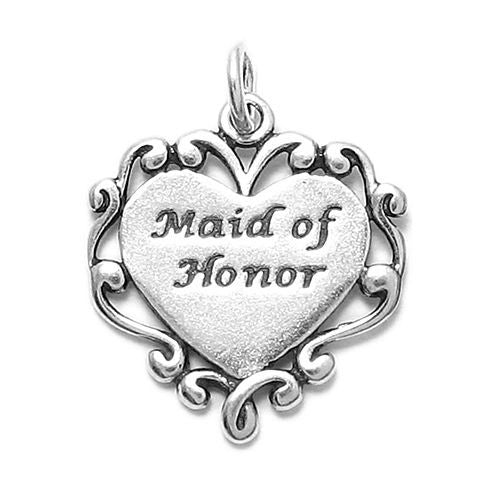 "Maid of Honor" in Fancy Heart Charm. Sterling Silver