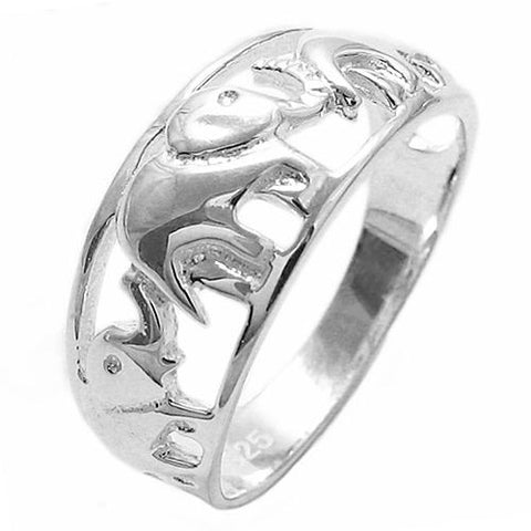 Ring depicting a family of elephants walking tail to trunk. Wholesale Sterling Silver Rings. Main photo.