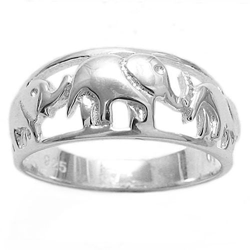 Ring depicting a family of elephants walking tail to trunk. Wholesale Sterling Silver Rings. Alternate photo.