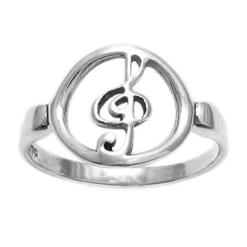Simple ring with a treble clef in a round frame. Wholesale sterling silver rings. Front view.