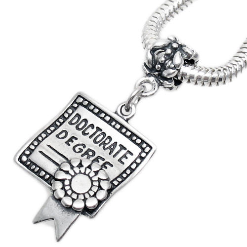 "Doctorate Degree" Charm in 3D with Euro Bead. Sterling Silver