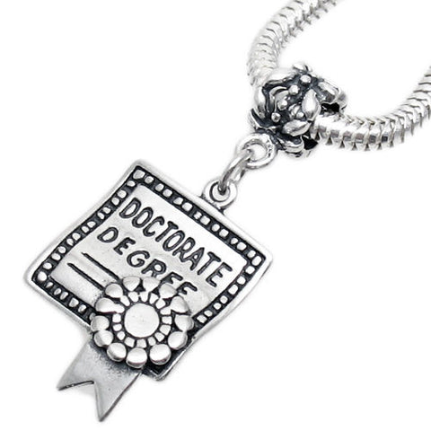 "Doctorate Degree" Charm in 3D with Euro Bead. Sterling Silver