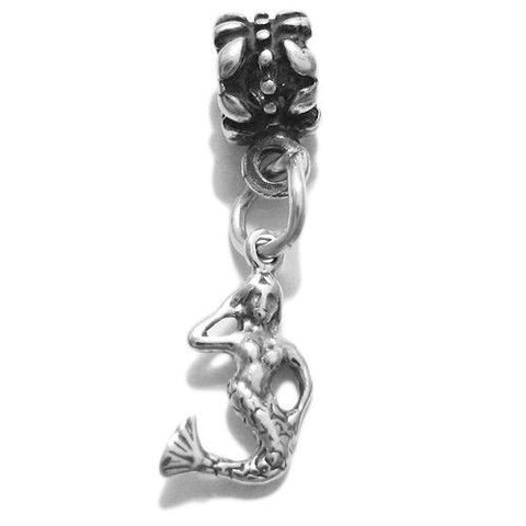 Mermaid Charm in 3D with Euro Bead. Sterling Silver