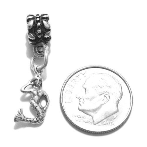 Mermaid Charm in 3D with Euro Bead. Sterling Silver