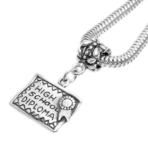 "High School Diploma" Charm in 3D with Euro Bead. Sterling Silver