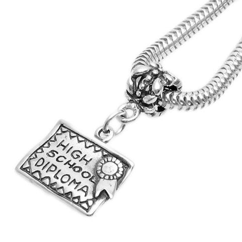"High School Diploma" Charm in 3D with Euro Bead. Sterling Silver