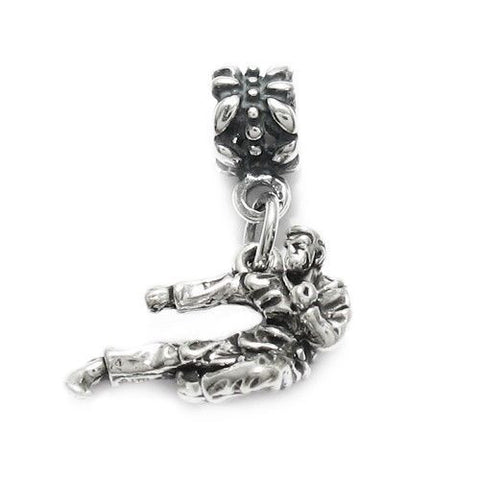Karate Kick Charm in 3D with Euro Bead. Sterling Silver