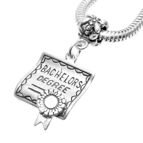 "Bachelors Degree" Charm in 3D with Euro Bead. Sterling Silver